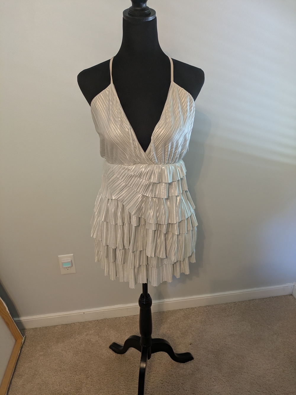 Luxxel Silver Pleated Tiered Mini Dress with Plunging V-Neck Size S